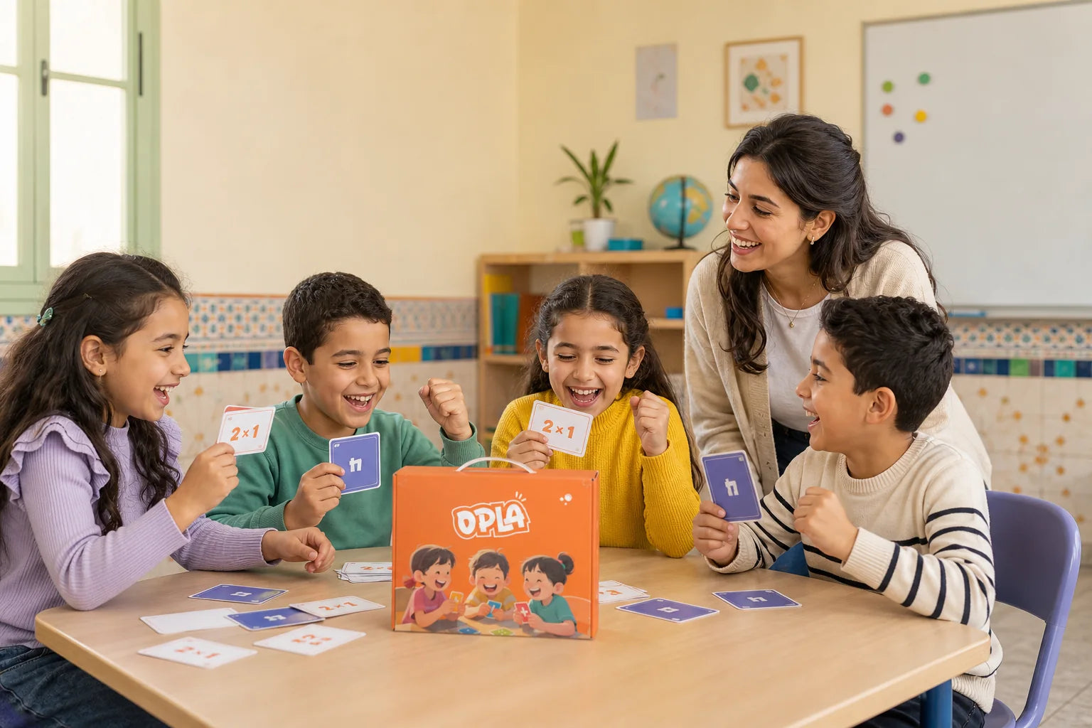 Des enfants jouent à OPLA avec leur enseignante