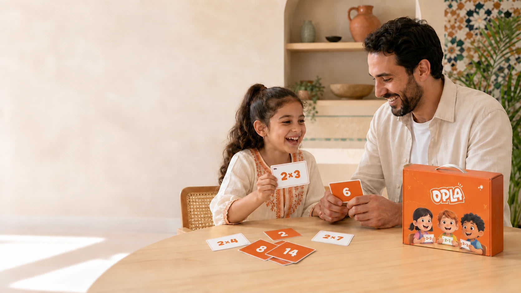 Un parent et son enfant jouent avec OPLA Multiplication