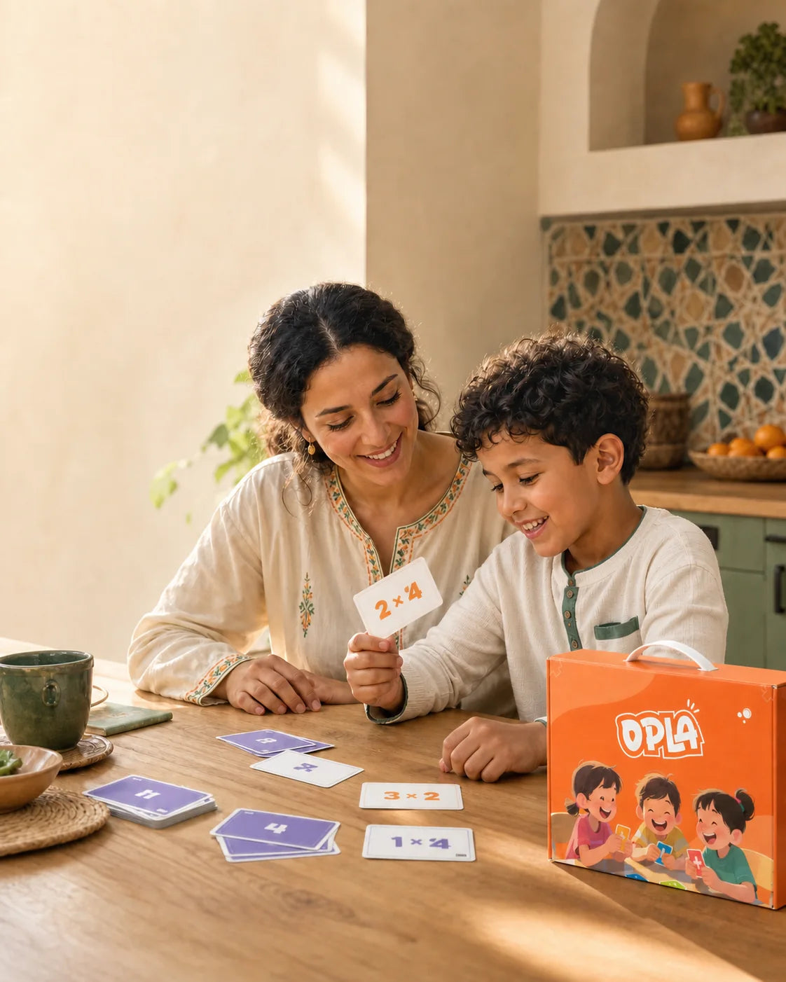 Un parent et son enfant jouent avec OPLA Multiplication